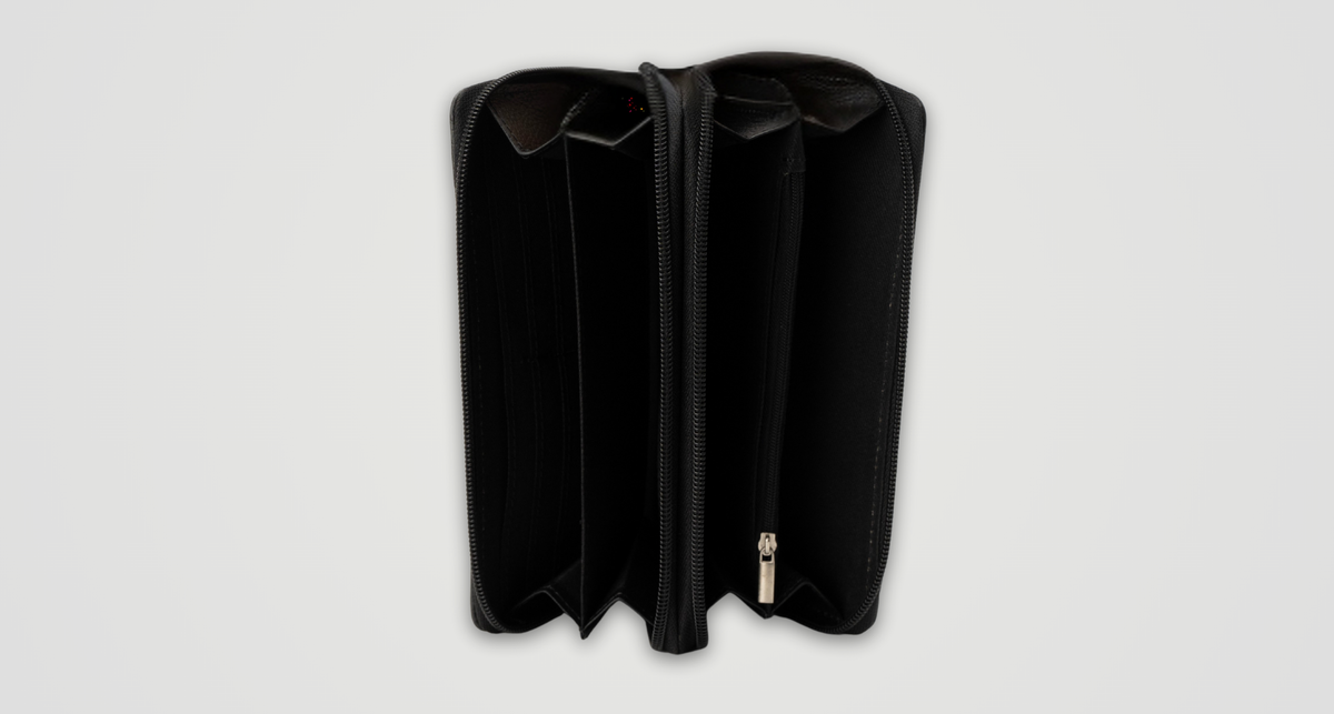 Compact Zip-Around Wallet in Black Pebbled Leather