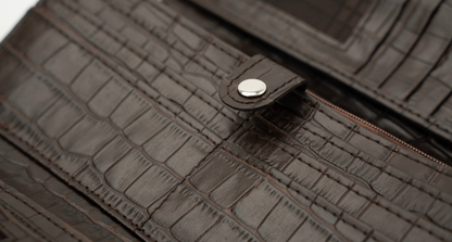 Croc-Embossed Leather Clutch Wallet - Dark Brown