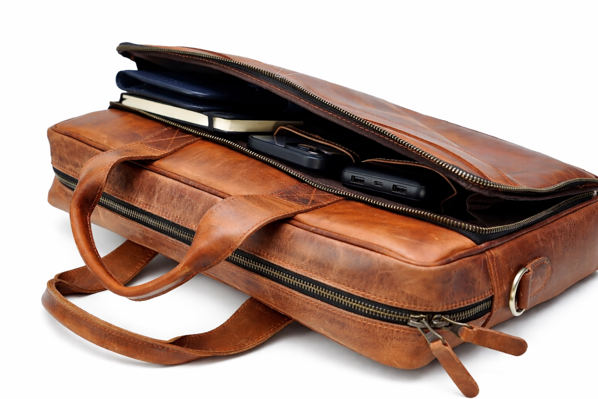 Vintage Brown Leather Multi-Pocket Briefcase