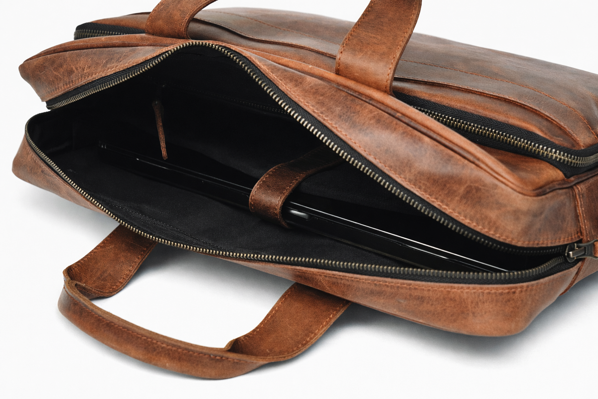 Vintage Brown Leather Multi-Pocket Briefcase