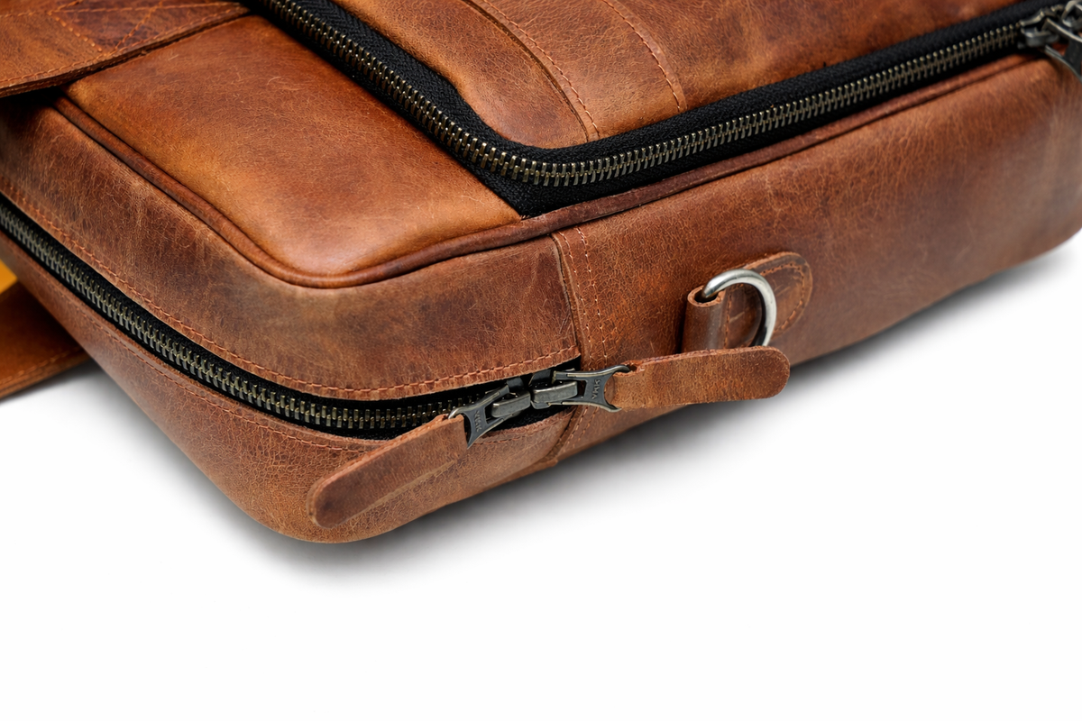 Vintage Brown Leather Multi-Pocket Briefcase