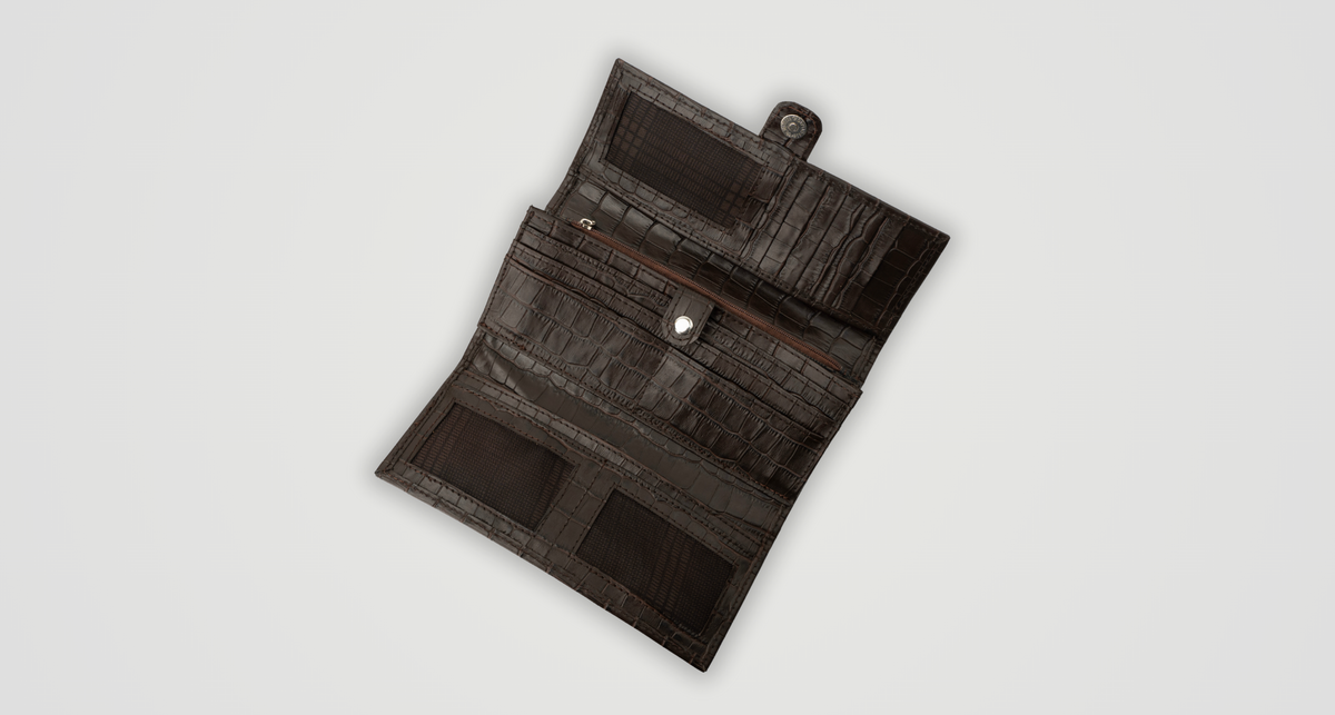 Croc-Embossed Leather Clutch Wallet - Dark Brown