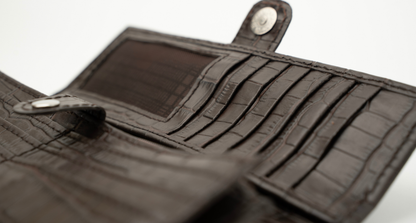Croc-Embossed Leather Clutch Wallet - Dark Brown