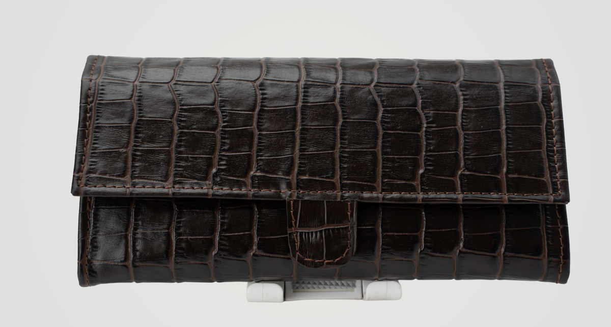 Croc-Embossed Leather Clutch Wallet - Dark Brown