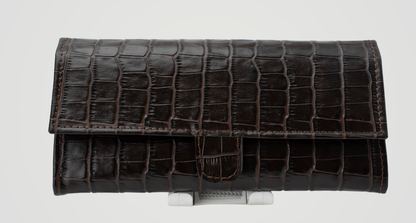 Croc-Embossed Leather Clutch Wallet - Dark Brown